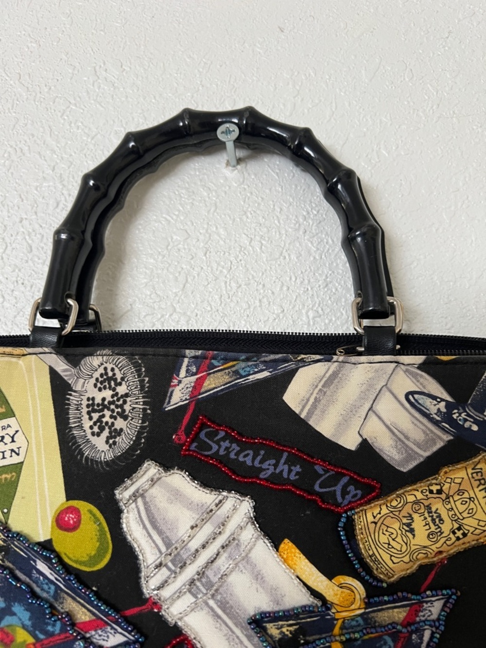 Martini Print Black Tote Bag with Bamboo Plastic Handles - Picture 4 of 8